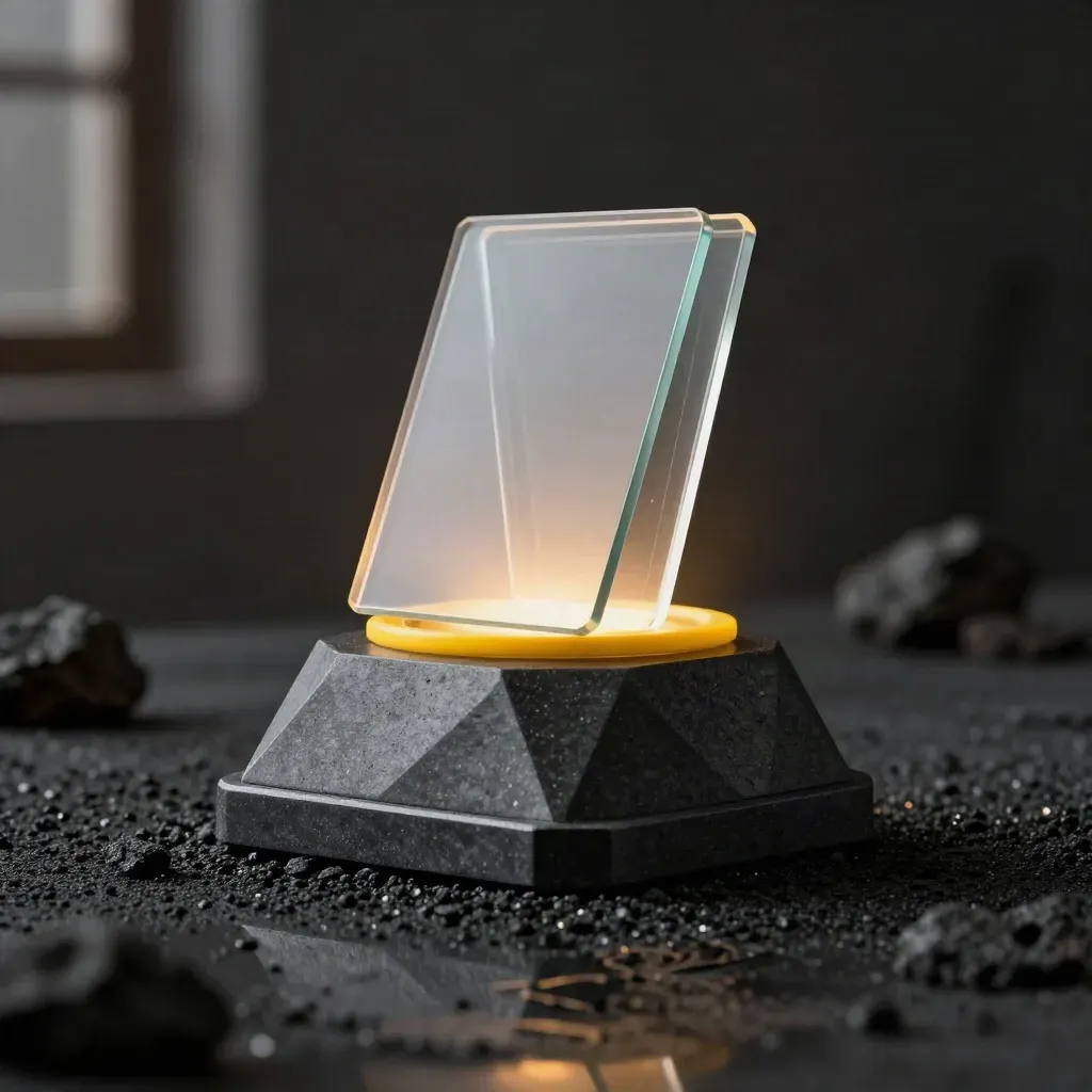 Donkere productfoto van een Google Ads-totem met gele ring en glazen tiles op zwarte ondergrond.
