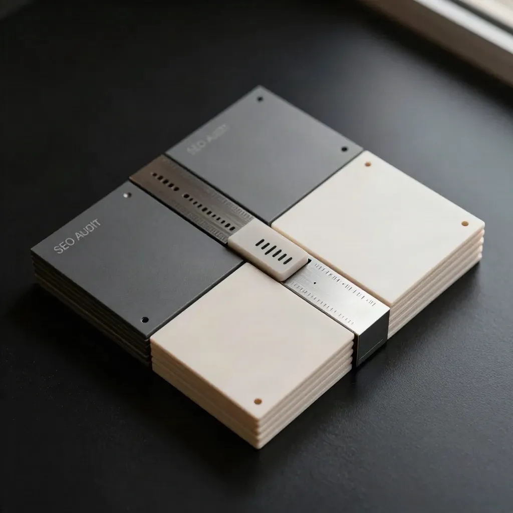 Bovenaanzicht van een SEO-auditdeck met grijze tiles, chip en wit spacerblok op zwarte ondergrond.