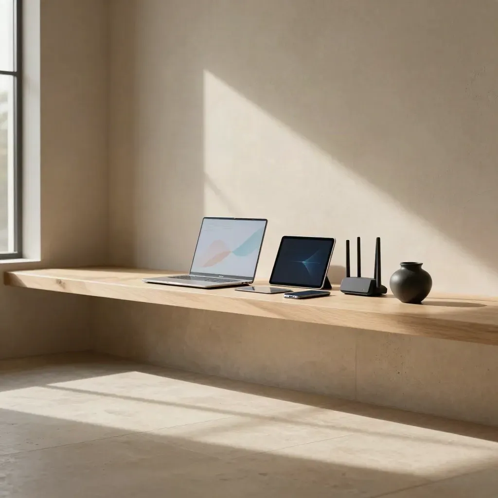 Limestone interieur met eiken planken, keramiek en digitale apparaten in zacht avondlicht.